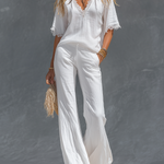 Retro V-neck Cotton And Linen Short-sleeved T-shirt And Wide-leg Pants Set