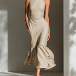 Women's Beige Cotton And Linen Blend Halter Turtleneck Midi Dress With Ruffled Hem