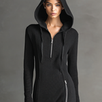Women's Urban Style Black Ribbed Knit Air Layer Hooded Zip-up Midi Dress