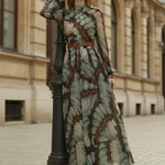 Balloon Sleeves Long Sleeves Big Hemline Contrast Color Pleated Print Zipper Stand Collar Maxi Dresses