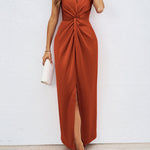 Bodycon High Waisted Elasticity Knot Solid Color Split-Front Split-Joint Zipper V-Neck Maxi Dresses