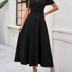 A-Line High Waisted Pleated Solid Color Zipper V-Neck Maxi Dresses