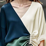 Long Sleeves Loose Color-Block Contrast Color Drawstring Elasticity V-Neck Blouses&Shirts Tops