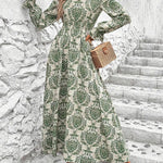 Loose Puff Sleeves Elasticity Printed Split-Joint V-Neck Maxi Dresses