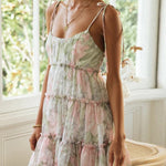 A-Line Loose Flower Print Layered Pleated Split-Joint Tied Spaghetti-Neck Mini Dresses
