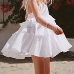 A-Line High Waisted Backless Layered Pleated Solid Color Spaghetti-Neck Mini Dresses