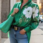 High-Low Long Sleeves Buttoned Flower Print Lapel Blouses&Shirts Tops