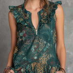 Boho Botanical Ruffle Chiffon Sleeveless Top