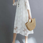Half Sleeves Loose Hollow Solid Color Round-Neck Midi Dresses