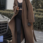 Long Sleeves Loose Pockets Solid Color Tied Waist Notched Collar Cardigan Coats