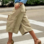 Loose Wide Leg Buttoned Pockets Solid Color Split-Joint Capri-Pants Cropped Trousers