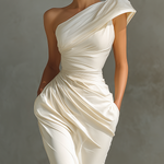 Women's Ivory Satin Fabric One-Shoulder Maxi Dress With Ruched Bodice