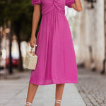 A-Line High Waisted Elasticity Knot Pleated Solid Color Split-Joint V-Neck Midi Dresses