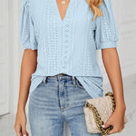 Casual v-neck solid color hollow puff sleeve loose t-shirt top women