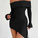 Bodycon High Waisted Asymmetric Drawstring Pleated Solid Color Split-Joint Off-The-Shoulder Mini Dresses