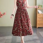 Loose Oversize Drawstring Floral Printed Round-Neck Midi Dresses