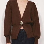 Only Yours Knit Metal Leaf Shape Button Lantern Sleeve Relaxed Cardigan