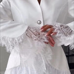 Queen Time Lace Trim V-neck Pearl Buttons Long Sleeve Loose Blazer