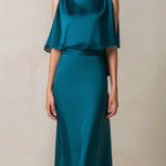 Teal Draped Cape-Sleeve Midi Dress