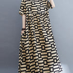 Loose Short Sleeves Plaid Round-Neck Midi Dresses