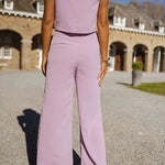 Modern and Elegant Solid Crop Tank and High Rise Flare Loose Pants Set