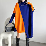 Batwing Sleeves Hipster Asymmetric Contrast Color Split-Joint High-Neck Midi Dresses Sweater Dresses