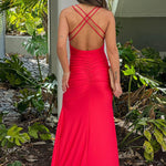 RED RUCHED MAXI DRESS WITH SLIT