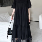 Fake Two-Piece Loose Gauze Pleated Solid Color Split-Joint Tiered Round-Neck Midi Dresses