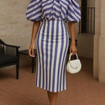 Puff Sleeves Bowknot Pleated Split-Joint Striped High Neck Blouses&Shirts Tops