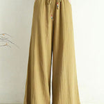 Artistic Ramie Cotton Drawstring Elasticity Loose Wide-Leg Pants