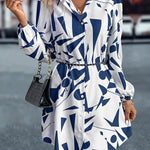 Loose Puff Sleeves Printed Split-Joint Lapel Mini Dresses Shirt Dress