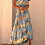 Lorina Tie-dye Print Button Smocked Waist Backless Midi Dress