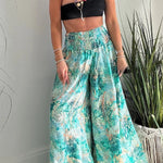 Stella Leopard Print High Rise Smocked Waist Pocketed Wide Leg Pants