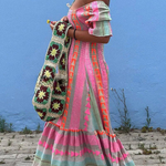 Music Festival Geometric Color Block Pocketed Smocked Boho Maxi Dress