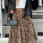 Unique and Comfortable Leopard Print Elastic Waist A-line Layered Maxi Skirt
