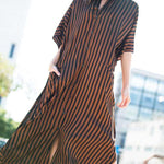 Batwing Sleeves Half Sleeves Buttoned Pockets Striped Round-Neck Beach Cover-Up Maxi Dresses