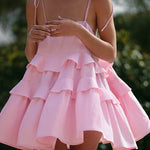 A-Line High Waisted Backless Layered Pleated Solid Color Spaghetti-Neck Mini Dresses