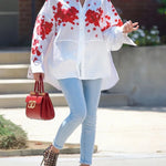 High-Low Loose Buttoned Flower Print Split-Joint Split-Side Lapel Blouses&Shirts Tops