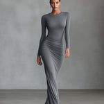 Women's Grey Elegant Stretch - Polyester-Cotton Blend Ruched Open - Back Maxi Dress