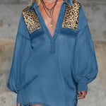 Lapel Collardenim And Leopard Print Patchwork Long-sleeved Mini Dress