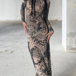 Long Sleeves Skinny Printed See-Through Split-Joint High Neck Evening Dresses Maxi Dresses