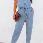 Drawstring Waist Distressed Denim Tank Jumpsuit