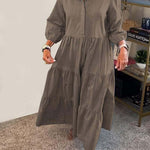 Solid Color Lapel Elastic Cuffs Loose Maxi Dress