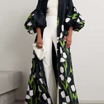 Long Sleeves Loose Floral Floral Printed Pleated Split-Joint Stand Collar Trench Coats