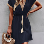 A-Line Elasticated Waist Contrast Color Drawstring Hollow Split-Joint Tasseled Tied V-Neck Mini Dresses