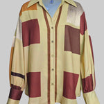 Long Sleeves Loose Buttoned Contrast Color Plaid Lapel Blouses&Shirts Tops