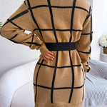 Elasticated Waist Long Sleeves Belted Contrast Color Plaid Round-Neck Mini Dresses Sweater Dresses
