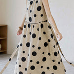 Loose Sleeveless Contrast Color Pleated Polka-Dot Split-Joint Tied Waist Round-Neck Midi Dresses