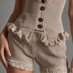 Vintage Elegant Two-Tone Ribbed Knit Ruffle Two-Piece Set