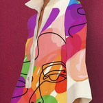 Loose Three-Quarter Sleeves Buttoned Contrast Color Figure Printed Lapel Collar Mini Dresses
